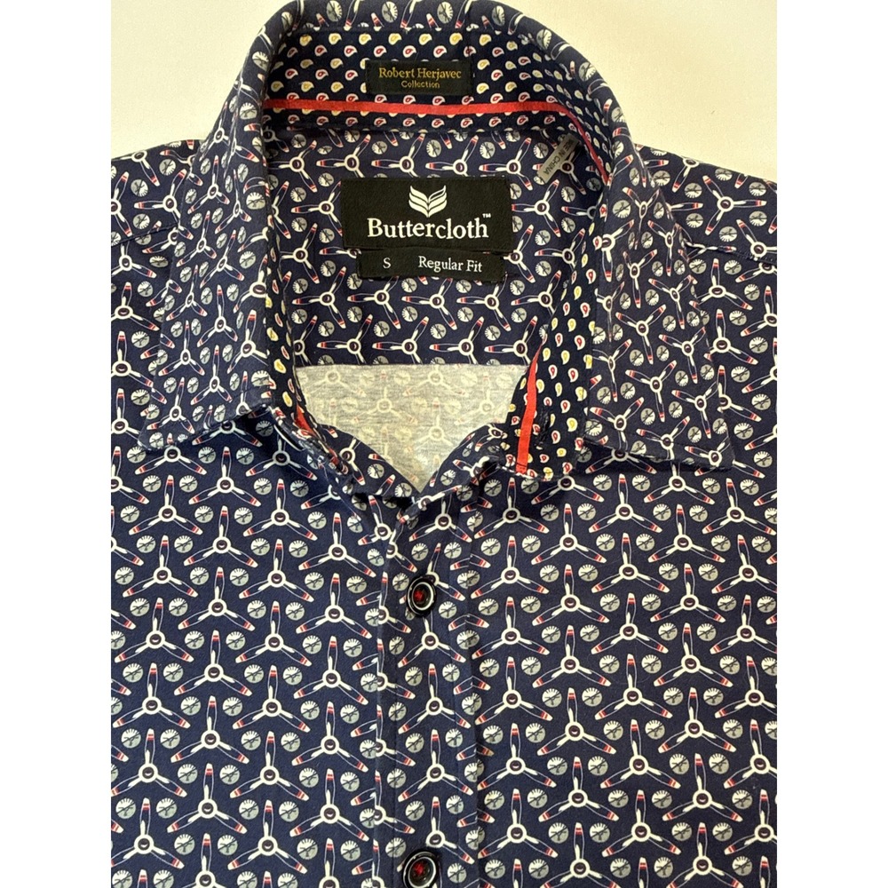 Buttercloth Robert Herjavec Collection Navy Airplane Propeller Shirt Mens Small